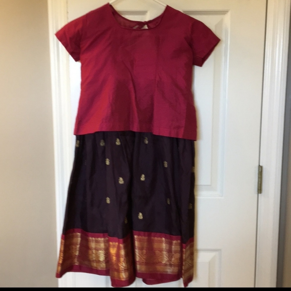Girls dress Lehnga India silk handmade maroon.